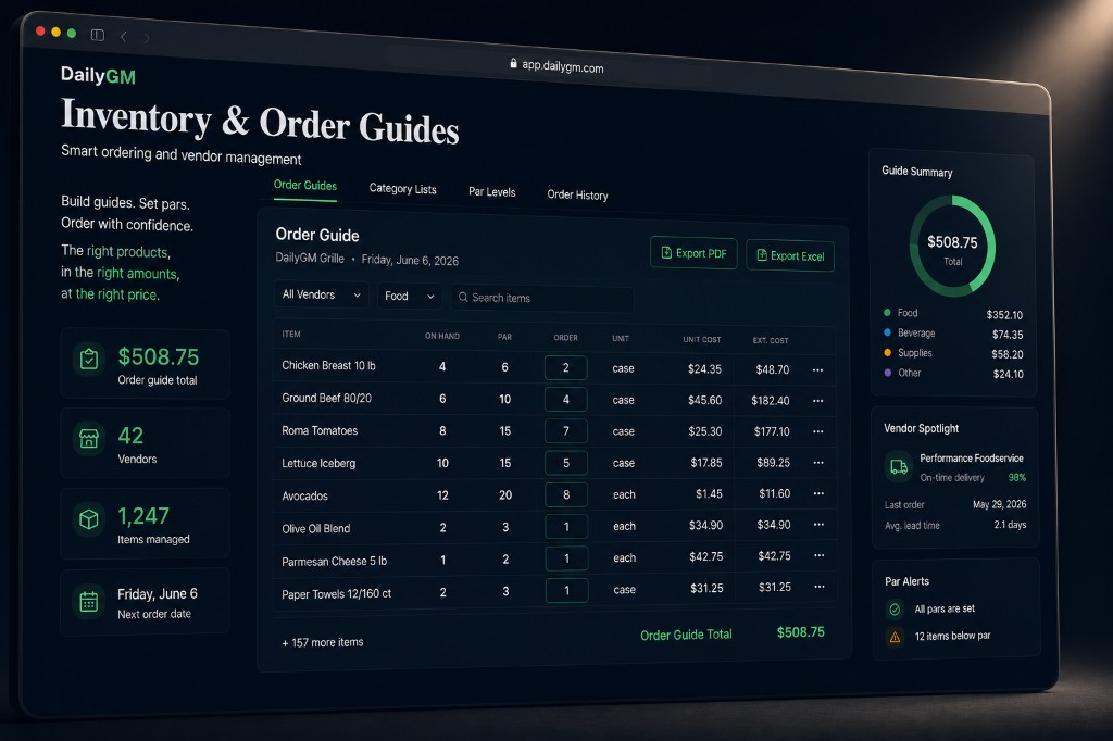 Inventory and Order Guides with on-hand, par, and order fields for DailyGM Grille